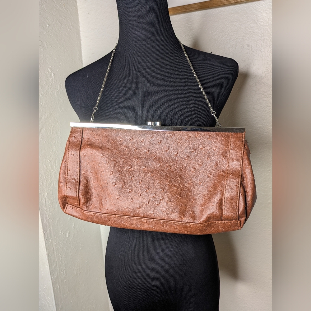 Vintage Genuine Ostrich Brown Leather Clutch Kiss Clasp Purse Silver Chain Strap